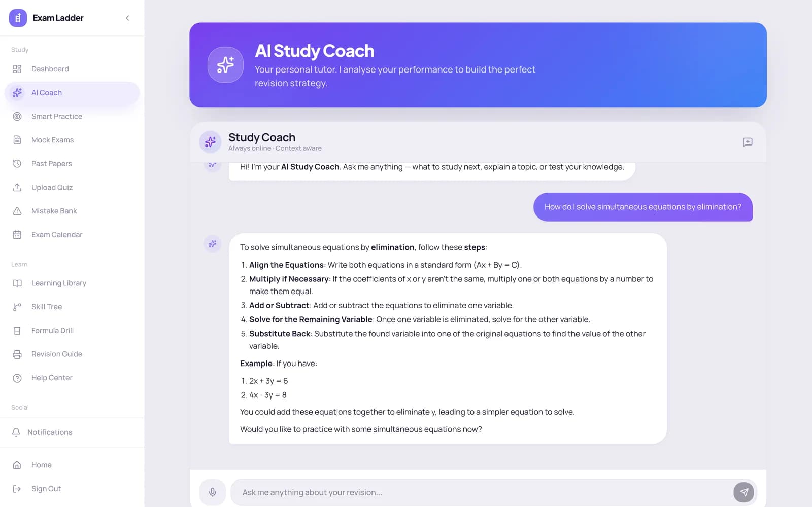 AI Study Coach explaining how to solve simultaneous equations step by step