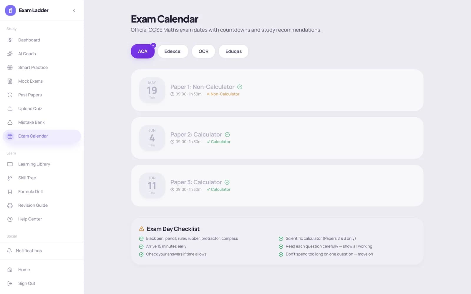 Exam calendar with countdowns to each GCSE Maths paper