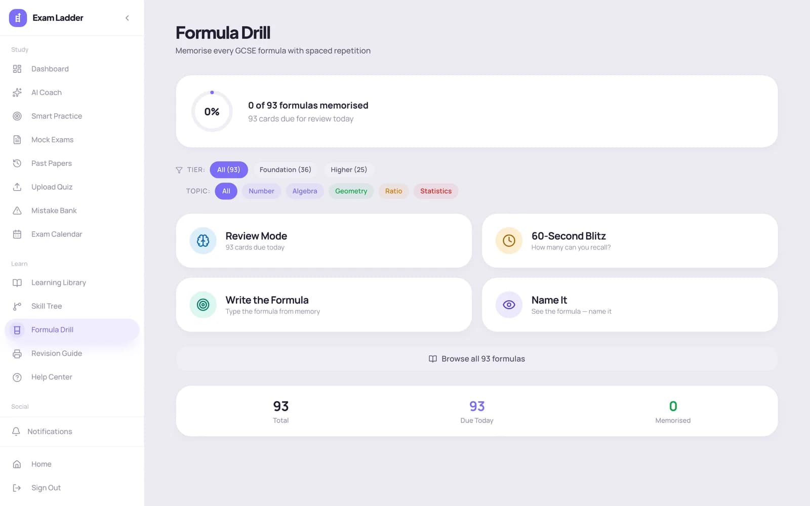 Formula drill modes with spaced-repetition progress