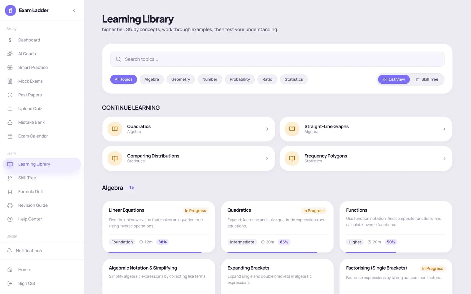 Learning library with topic lessons and continue-learning card