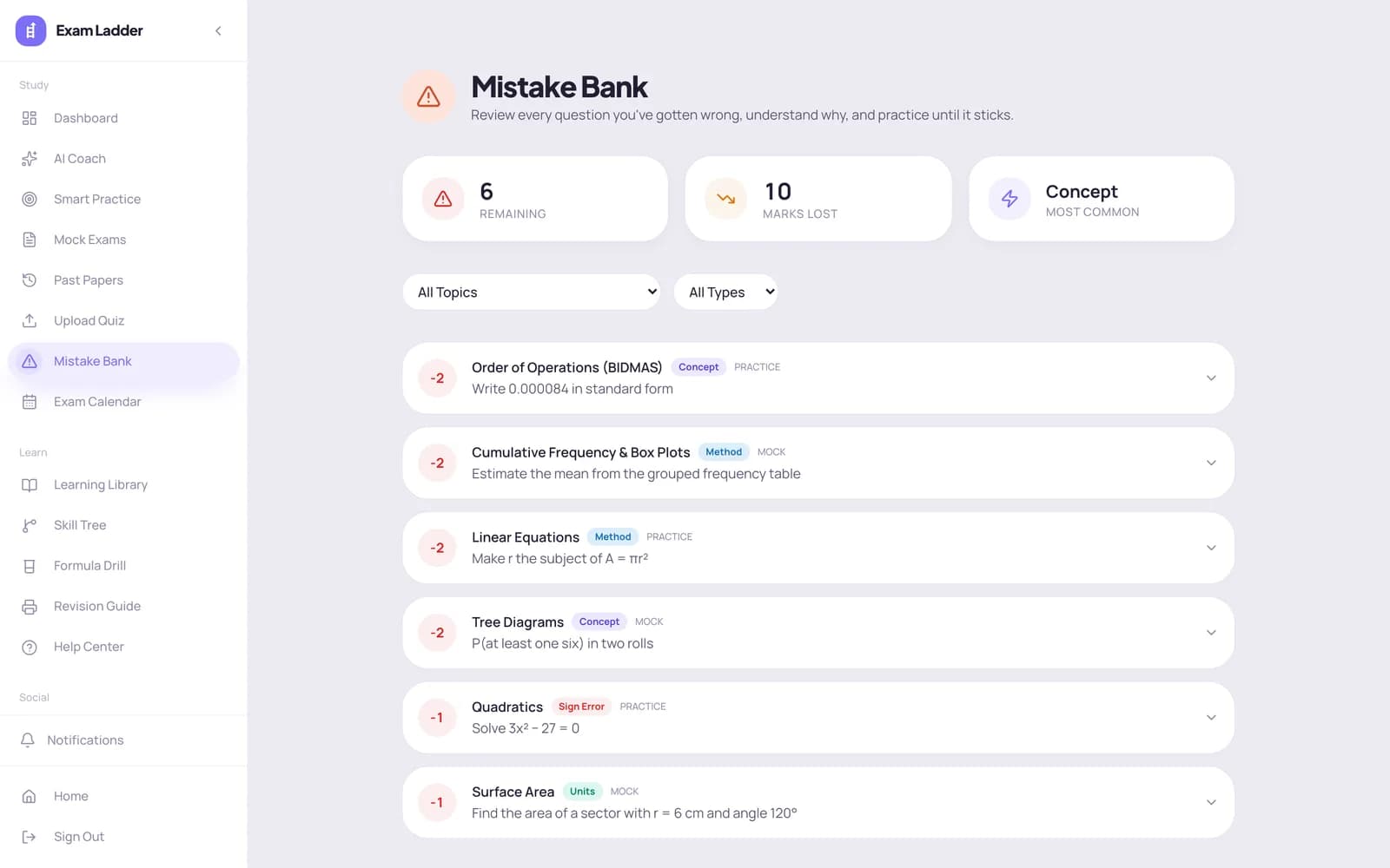 Mistake bank listing wrong answers tagged by error type