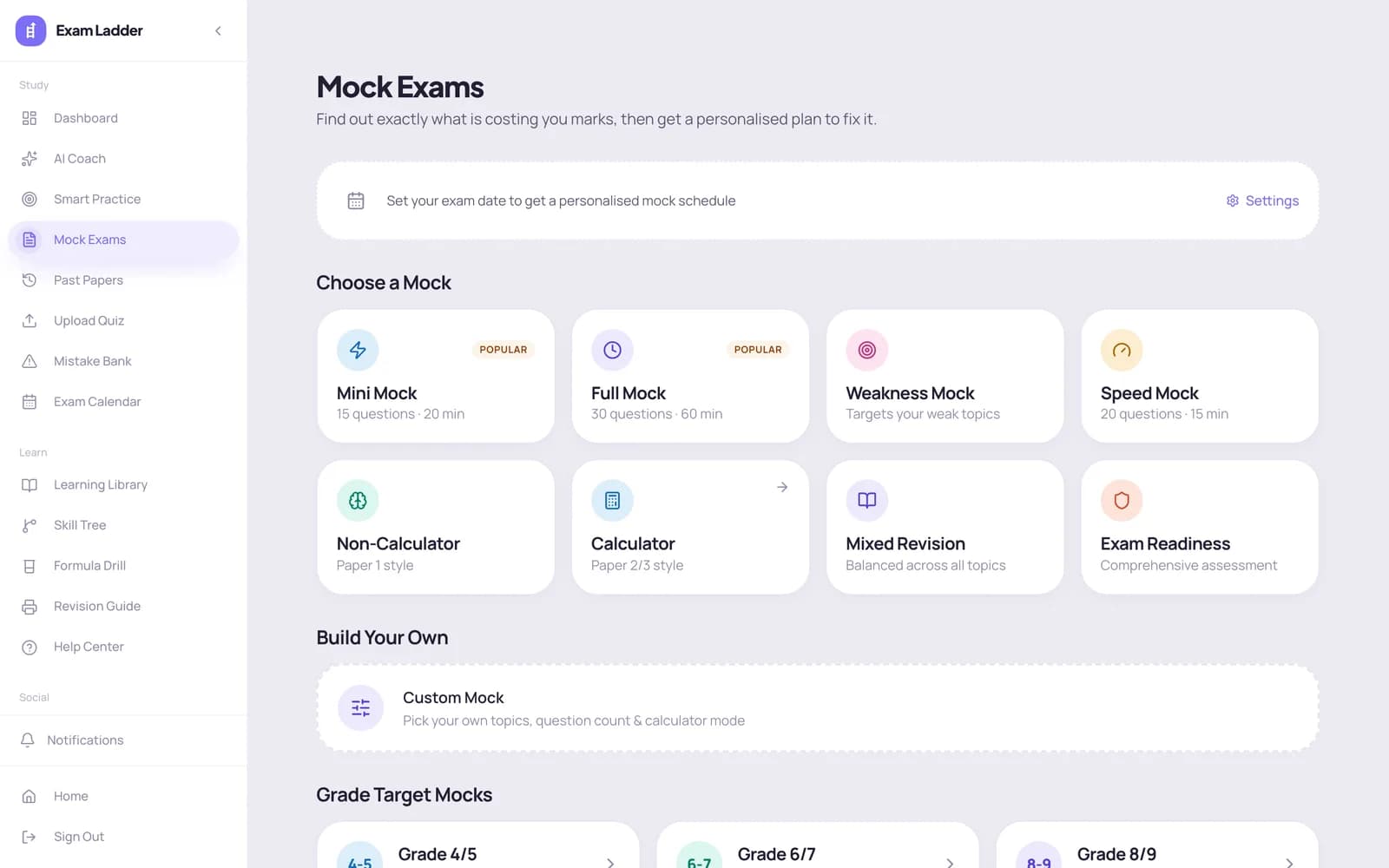 Mock exam picker showing Mini, Full, Weakness, Speed and custom mock options