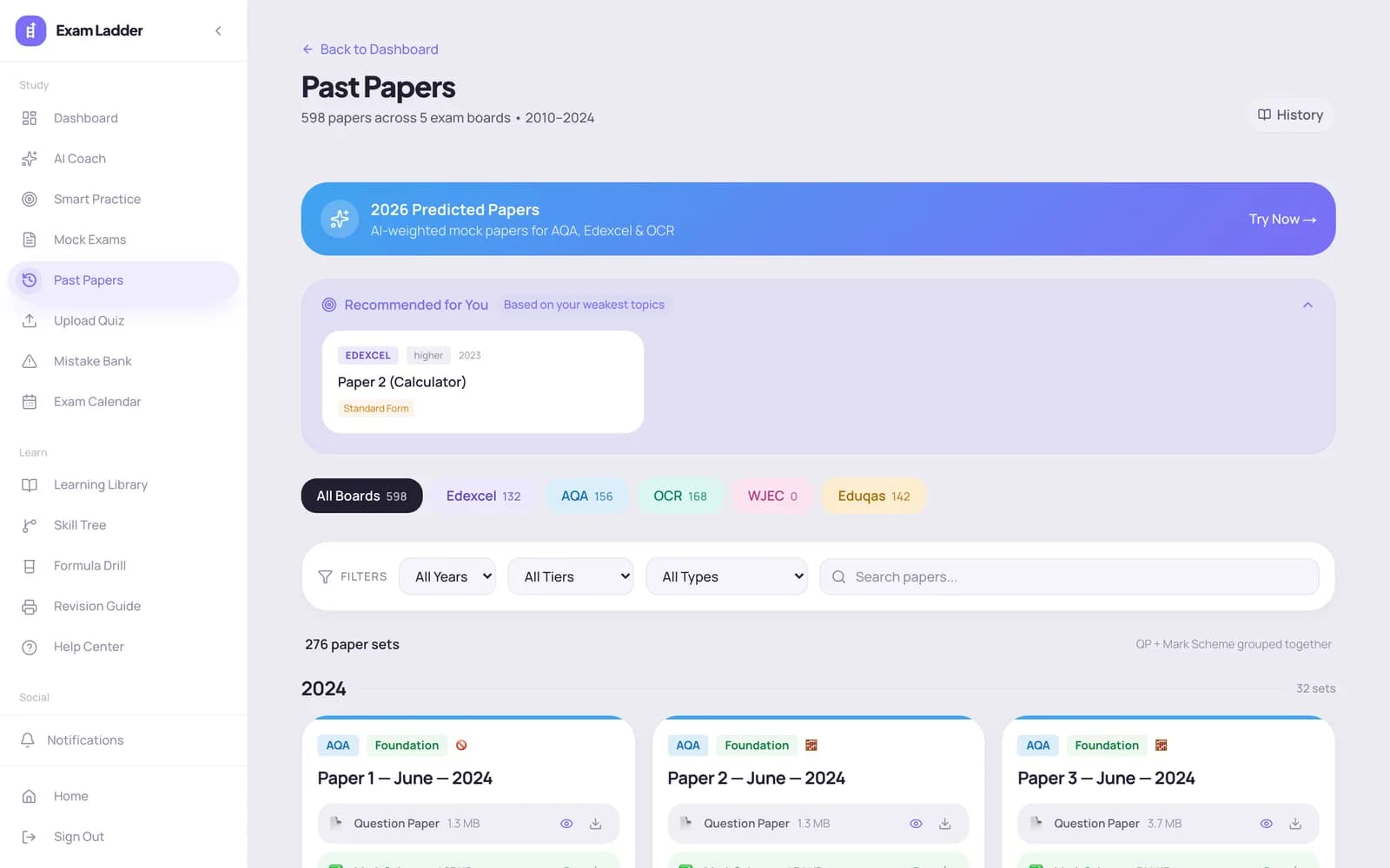 Past papers library with exam-board filters and recommended papers